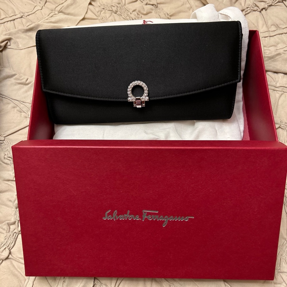 FERRAGAMO Satin Embellished Evening Clip Clutch - black